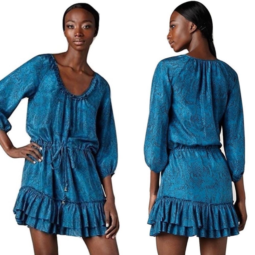 Rebecca Taylor Python Print 3/4 Sleeve Silk Dress Tunic In Jade Roomy Fit Size 0